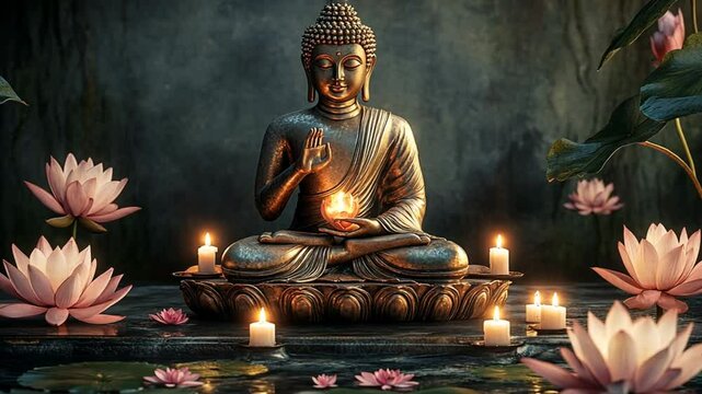 Lotus flowers and buddha statue