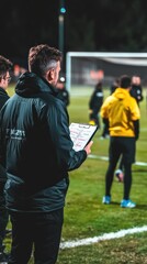Fototapeta premium A coach observes a soccer practice session, holding a clipboard with notes.