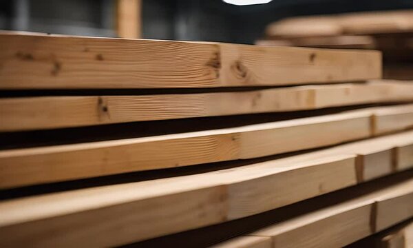 Pile of pine wood planks in factory environment