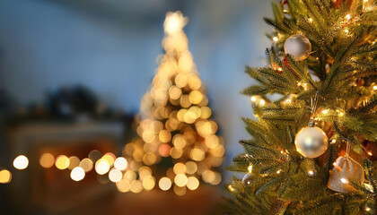 Defocused Image of a Christmas Tree with Glowing Lights and Ornaments