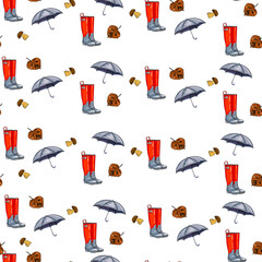 Autumn Rainy Day Pattern Featuring Boots, Umbrellas, and Maple Leaves. Seamless pattern featuring red rain boots, matching umbrellas, and autumn maple leaves on a white background.