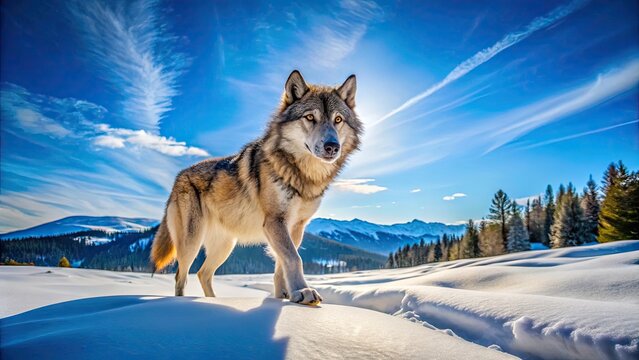 Majestic dire wolf roaming through a snowy landscape under a bright blue sky in winter wilderness