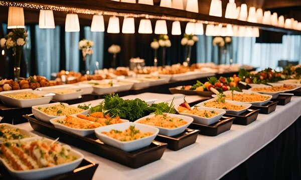 Luxury buffet table with banquet food serving in restaurant, catering food wedding service