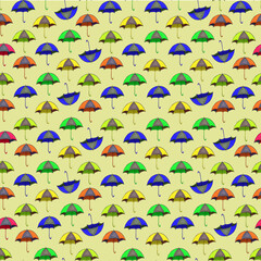 Colourful Umbrellas Seamless Pattern on Blue Background. Vibrant Umbrellas in Various Colours Repeating Design