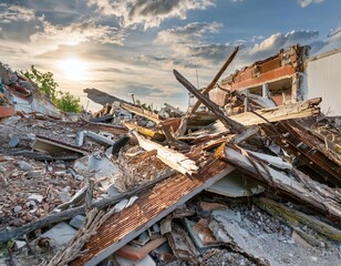 Debris and wreckage from a destruction site, illustrating damage, ruins, and aftermath.