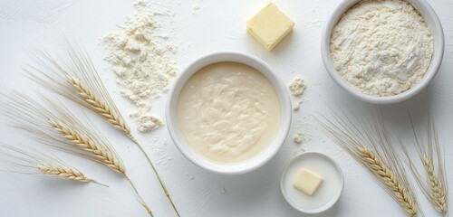 Ingredients for baking: flour, butter, yogurt, and wheat on a clean white surface