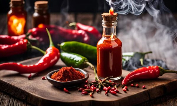 signed-tmpvmeireHot sauce in a bottle surrounded by red chilies and smoke on a wooden table