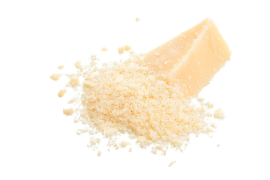 Parmesan cheese grated isolated on white, top view