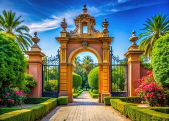 Fototapeta premium Majestic Entrance Gate Surrounded by Lush Greenery and Blue Sky for Architectural Inspiration