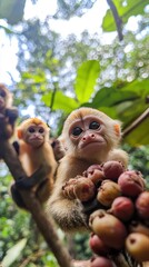 Two monkeys in a lush environment, one holding fruit, showcasing wildlife interaction.