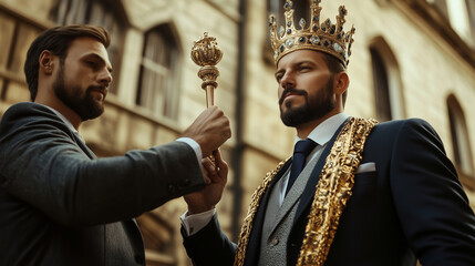 A King Bestows Honor by Placing a Scepter on the Shoulder of a Businessman in an Elaborate Ceremony at a Historic Kingdom Setting