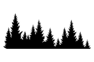 Fir trees silhouette. Coniferous spruce horizontal background pattern, black evergreen woods vector illustration. Beautiful hand drawn panorama of coniferous forest © designer_things