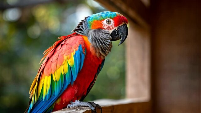 Vibrant parrot gazing curiously at the camera in a tropical setting
