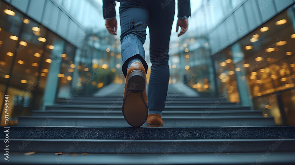 Poster A person walking up stairs in a modern urban setting.