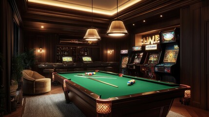 An opulent game room with a custom billiards table