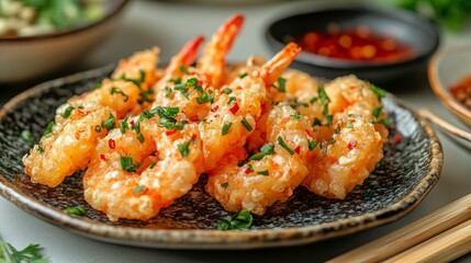 Fototapeta premium Delicious crispy shrimp tempura is elegantly plated with a garnish of fresh herbs and spicy seasonings, making it an appetizing choice for seafood lovers.