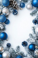 Decorative blue and silver ornaments arranged on a snowy backdrop for a festive winter celebration