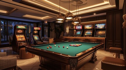 An opulent game room with a custom billiards table