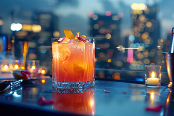 Elegant cocktail served on a bar counter closeup view 
