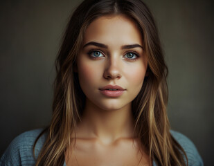 Obraz premium A close-up portrait of a glamorous brunette woman showcasing her natural beauty, elegant makeup, and captivating eyes in a studio setting