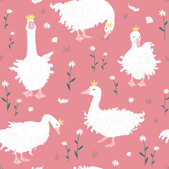 Cute seamless pattern with Sebastopol goose in crowns, and white daisy flowers. Royal Geese fantasy, pink background. Vector illustration