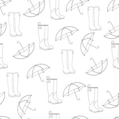 Seamless Outline Pattern of Rain Boots and Umbrellas. Hand-Drawn Rain Boots and Umbrellas