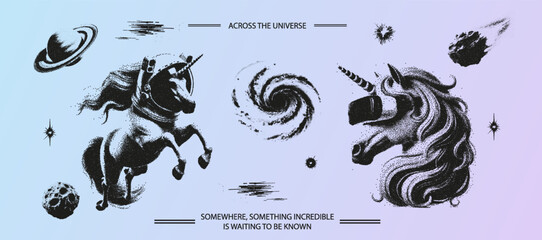Cosmic Adventure with Futuristic Unicorns in Space Helmets and VR Glasses, Featuring Stippling Effect, Dot Textures, and Noise. Depicting Intergalactic Exploration with Asteroids, Galaxies, and Black  © Tasha