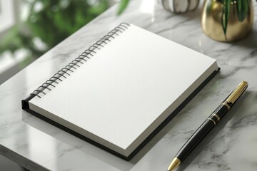 A clean, empty notebook with a black pen placed on a marble surface, ideal for writing or drawing ideas and inspirations.