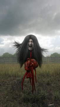 Kuyang, Kunyang, Palasik or Krasue ghost. Evil, demon, satan, monster figure from Kalimantan, Indonesia, Southeast Asia. Witch or shaman separate head from the body
