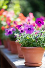 Colorful petunias in clay pots on a garden table during a sunny afternoon in spring