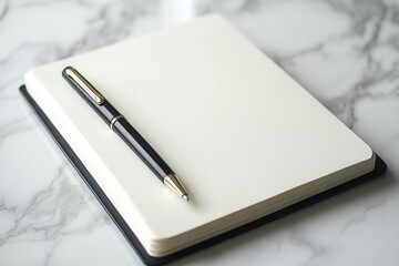 A clean notebook and elegant pen on marble surface, perfect for inspiration and creativity.
