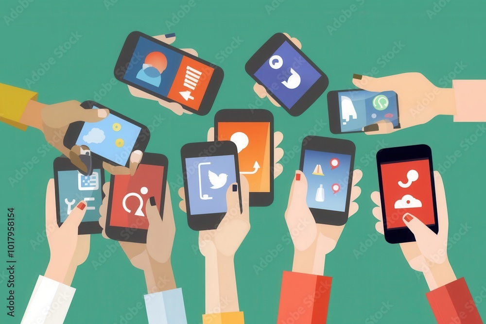 Poster multiple hands are shown holding smartphones with diverse social media applications open, illustrati
