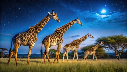 Obraz premium Majestic Giraffes Grazing in the Wild Under a Clear Blue Sky, Capturing Nature's Beauty and Grace