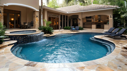 Luxury Swimming Pool with Waterfall and Patio.
