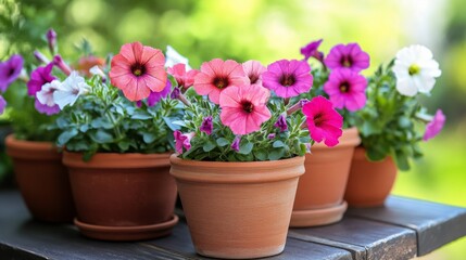 Colorful petunias blooming in terracotta pots on a sunny garden table in springtime