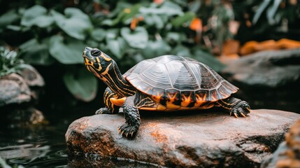 Obraz premium A turtle resting on a rock near water, surrounded by lush greenery.