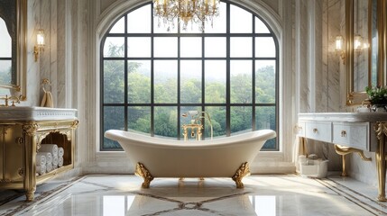 An opulent master bathroom with a freestanding tub in front of a large window