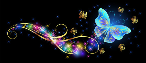 Flying delightful big blue butterfly with sparkle and blazing trail flying in night sky among shiny glowing stars and golden small butterflies in cosmic space.  