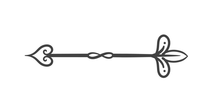 Cupids arrow with tip in shape of heart line icon. Outline hand drawn vintage element of Valentines Day card, romantic letter. Love, calligraphy mascot, simple cute arrow icon vector illustration