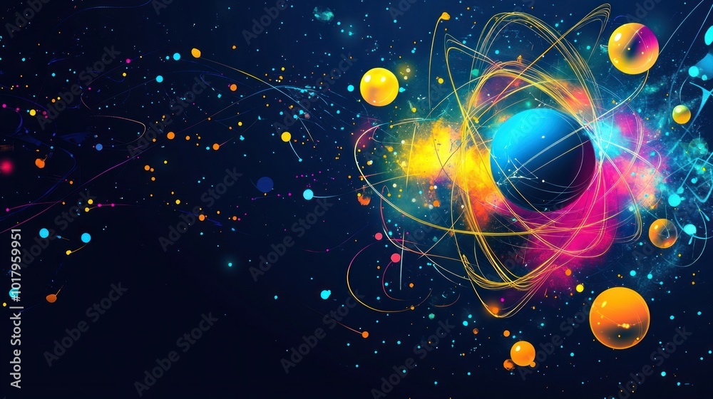 Poster exploring the vibrant world of atomic energy and cosmic particles in space
