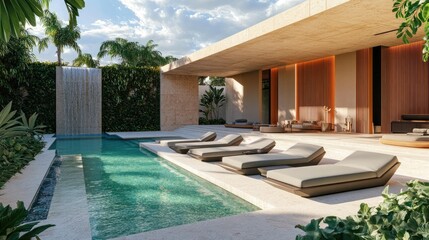 An opulent pool area with sleek loungers