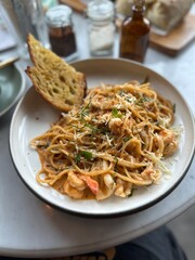 Prawn pasta with sourdough