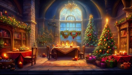 Obraz premium Christmas card. Cozy winter houses in Scandinavian style. Editable illustration for Christmas invitation, card and website banner. Scandinavian architecture.