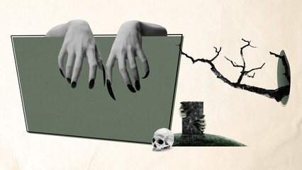 Witch hand with long black nail holding empty board for copy space. A tombstone is being held by...