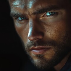 Obraz premium A close-up portrait of a serious man with striking blue eyes and a chiseled face, showcasing intense emotions and strong features.