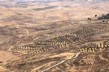 landscape in a valley among mountains (Madaba, Jordan) Mount Nebo near amman