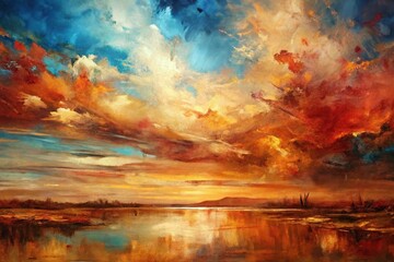 Naklejka premium abstract artistic stained painting impressionism background with brush strokes landscape rusty red brown beige sky blue Low Angle