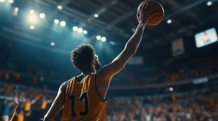 A basketball player in a yellow jersey leaps high to shoot the ball toward the hoop.