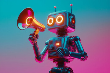 Adorable vintage robot with a megaphone on a plain background, neon lights, Cyber Monday, and space for text.
