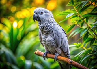 Majestic Gray Cockatoo Perched on Branch Against Lush Green Background in Natural Habitat Setting